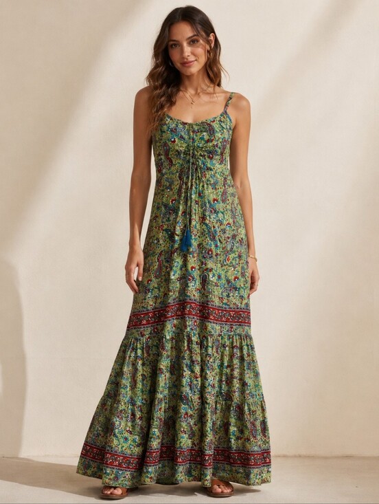 White Waves Dresses & Skirts - White Waves Green Paisley Tiered Boho Maxi Dress with Red & Blue Accents